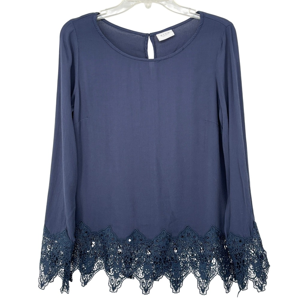 VILA Navy Lace Trim Long Sleeve Blouse M Romantic Feminine Cottagecore Chic
